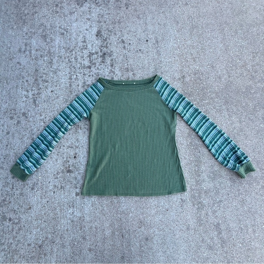 Green Long Sleeve Top with Striped Sleeves